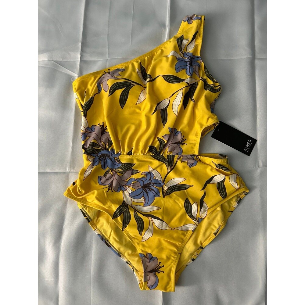 Jokes New York Single Shoulder Swimsuit Yellow Floral Side Cutout Large NWT